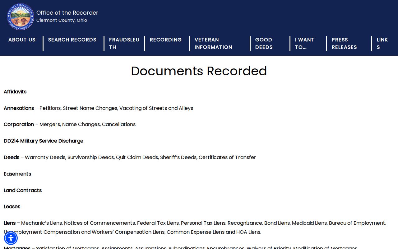Union Township previous residents Recorder document types