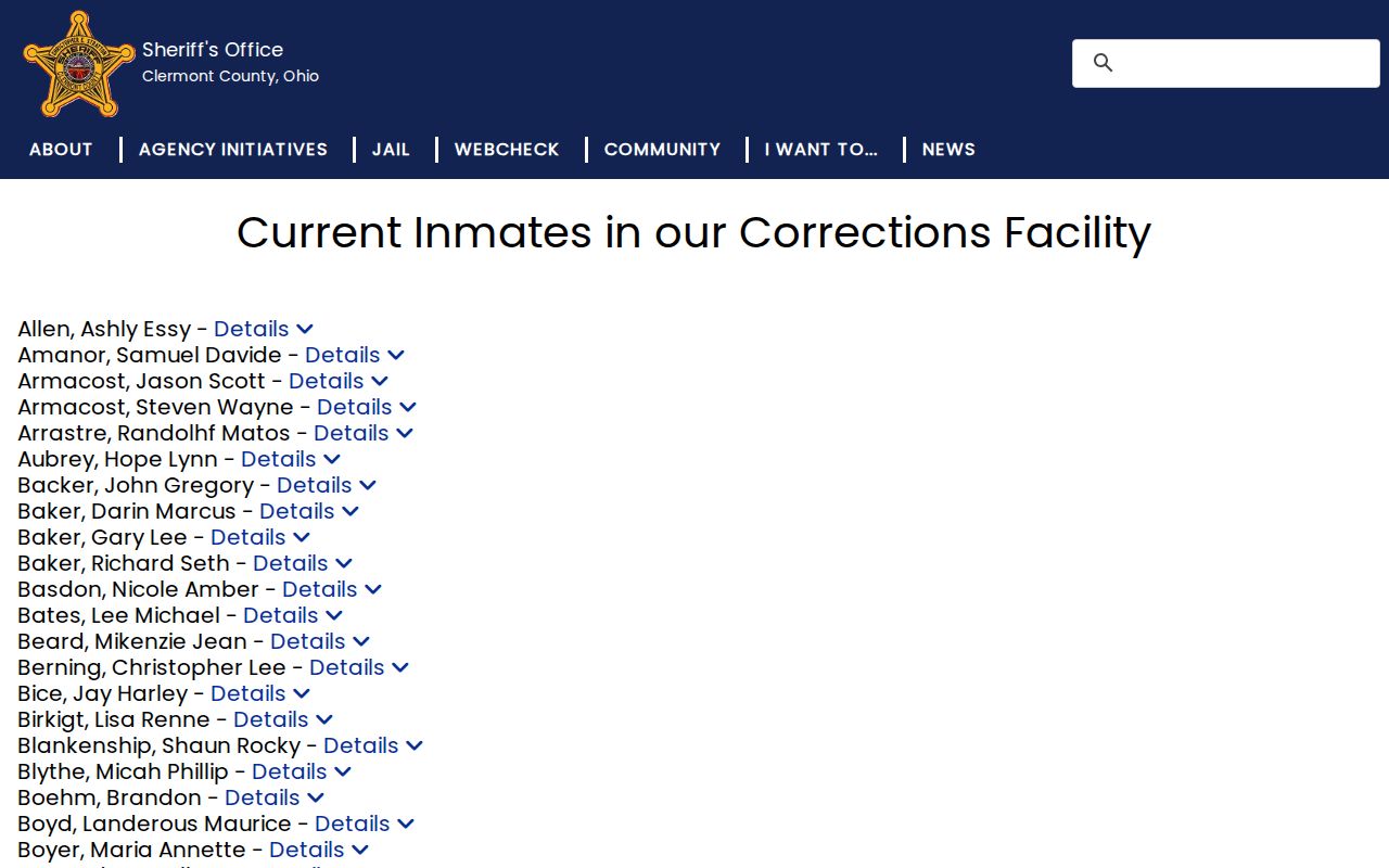 Union Township resident lookup reference to the Clermont jail inmate search
